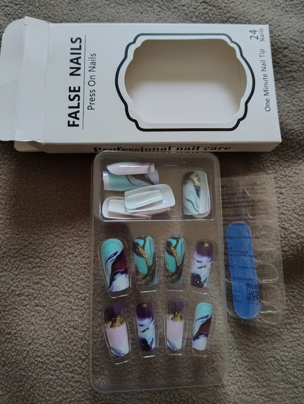 False Nails Press-On Turquoise Purple Marble with Gold Accents NEW